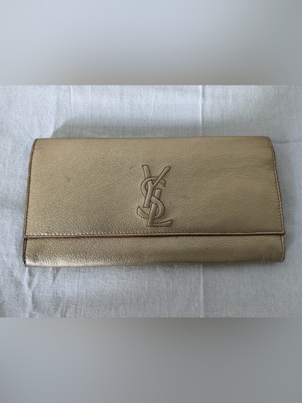 Saint Laurent Metallic Gold Leather Fold-Over Clutch With Embossed Ysl